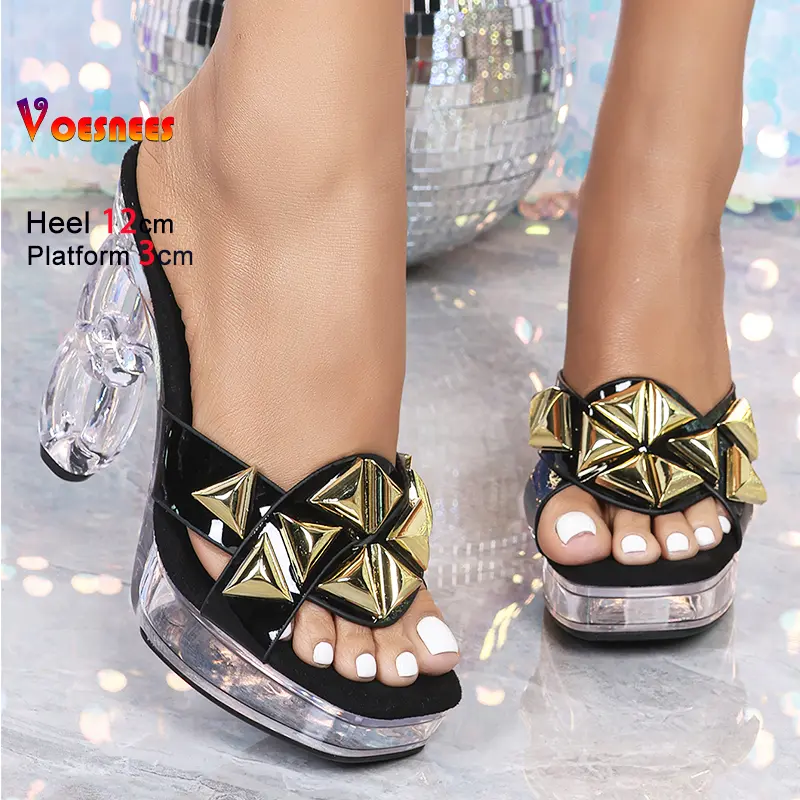 Transparent Crystal Heels Mules Thick Platform Square Toe Women Shoes Summer Strange Style 12CM Fashion Slip-On Sandals Slippers