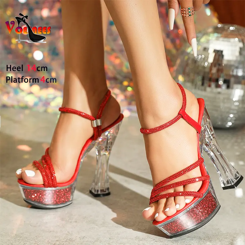 Sexy Ankle Strap High Heel Platform Sandals Night Club Party 14CM Clear Square Heels Rhinestone Narrow Band Summer Women Shoes