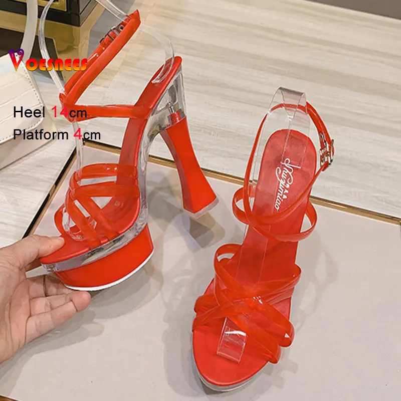 Summer 14CM Gladiator High-Heeled Sandals Women's Sexy Platform Transparent Shoes for Pole Dancing Walking Show Model Stiletto