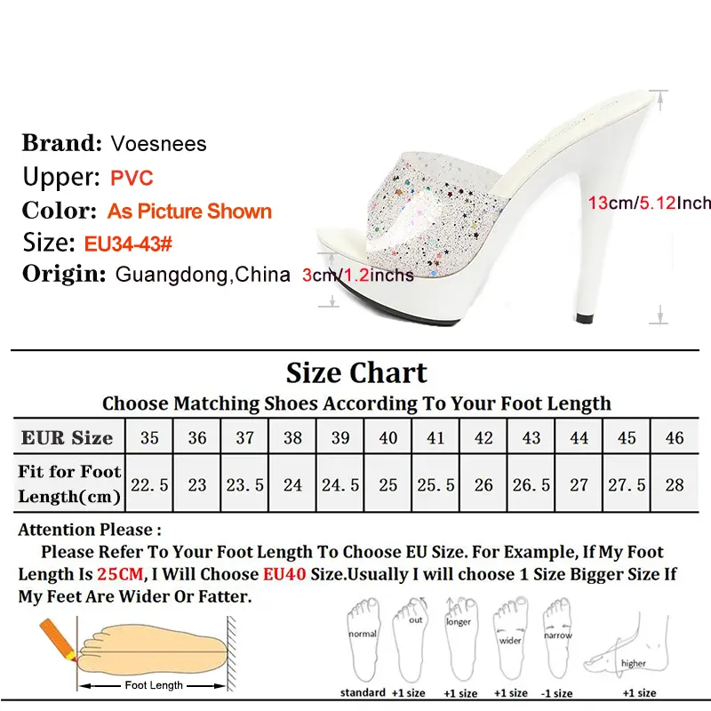 Fashion Sequin Slippers For Ladies 13CM Stiletto Solid Women Shoes Transparent PVC Slip-on Summer High Heels Mules White Sandals