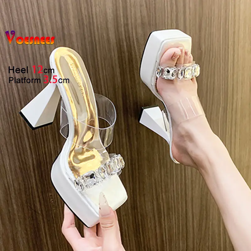 Women Platform Square Toe Rhinestone Slippers Summer 12CM High Heels Luxury Party Sandals Sexy Transparent Nightclub Woman Shoes