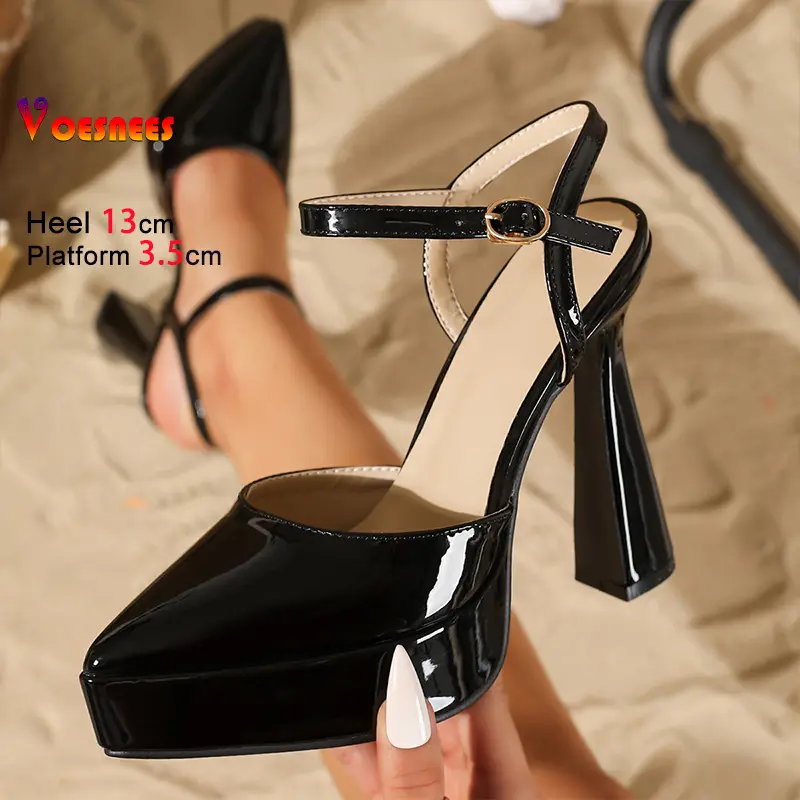 2025 New Summer 13CM Buckle Strap High Heel Sandals Women's Platform Black Patent Leather Fashion Pointed Office Working Shoes
