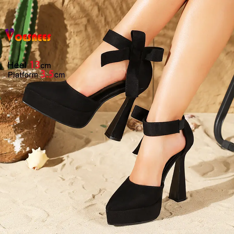 2025 Summer Women Suede Pointed Toe Sandals 13CM High Heels Ankle Bowknot Fashion Elegant Side Empty Solide Party Banquet Shoes
