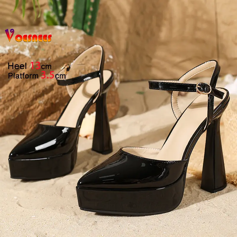 2025 New Summer 13CM Buckle Strap High Heel Sandals Women's Platform Black Patent Leather Fashion Pointed Office Working Shoes