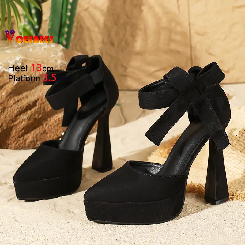 2025 Summer Women Suede Pointed Toe Sandals 13CM High Heels Ankle Bowknot Fashion Elegant Side Empty Solide Party Banquet Shoes