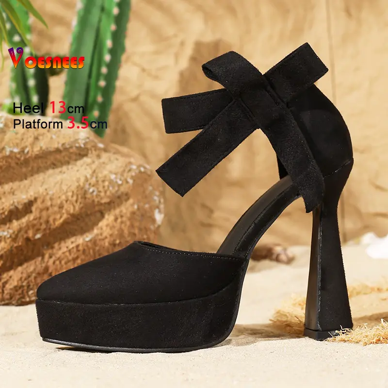 2025 Summer Women Suede Pointed Toe Sandals 13CM High Heels Ankle Bowknot Fashion Elegant Side Empty Solide Party Banquet Shoes