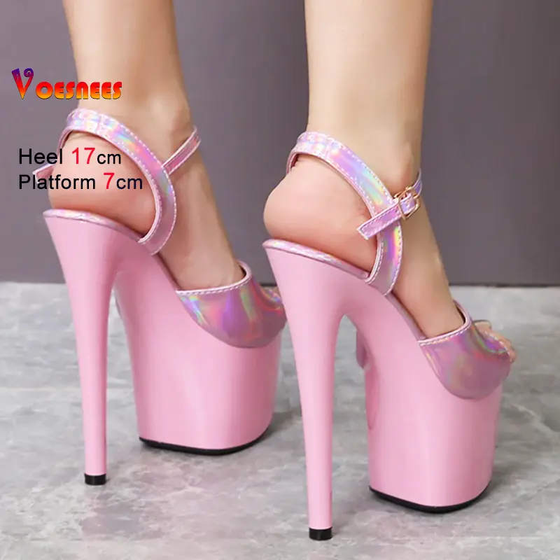 New 17CM Pink Women's Laser Bright Patent Leather Sandals High Heel Platform Buckle Straps Stripper Heels Stage Show Stiletto