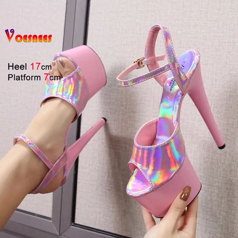 New 17CM Pink Women's Laser Bright Patent Leather Sandals High Heel Platform Buckle Straps Stripper Heels Stage Show Stiletto