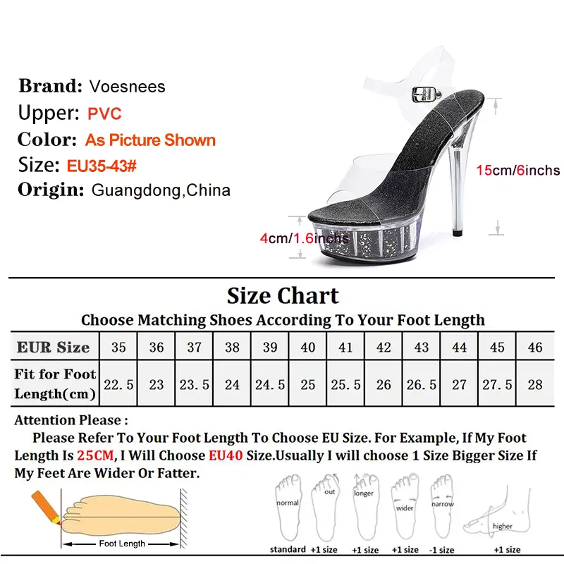 Plus Size Transparent PVC Sandals Women 15CM Thin Heel Nightclub Dance Shoes Crystal Glitter Platform Summer Model Catwalk Heels