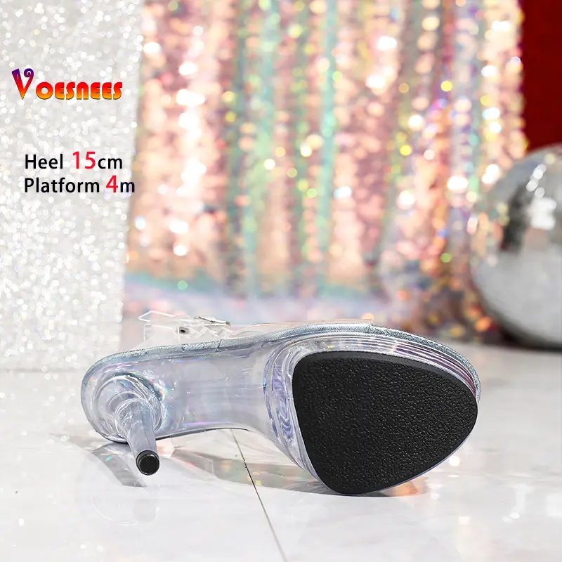 Plus Size Transparent PVC Sandals Women 15CM Thin Heel Nightclub Dance Shoes Crystal Glitter Platform Summer Model Catwalk Heels