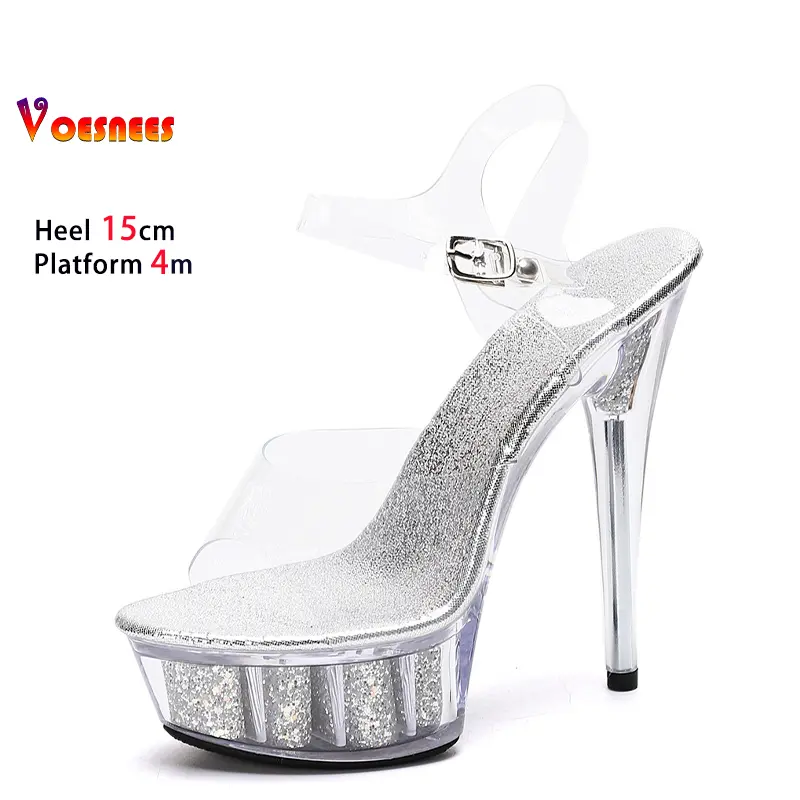 Plus Size Transparent PVC Sandals Women 15CM Thin Heel Nightclub Dance Shoes Crystal Glitter Platform Summer Model Catwalk Heels