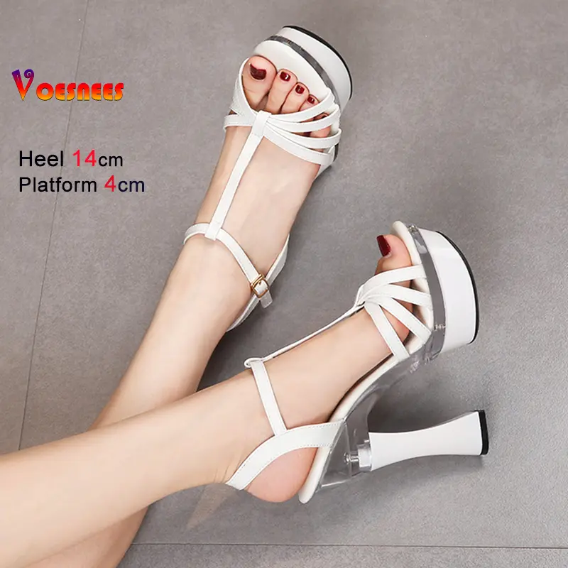 Summer T-Strap Chunky Heel Women's Sandals Transparent High Heel Platform Party Nightclub Shoes Sexy Walk Show Stripper Footwear