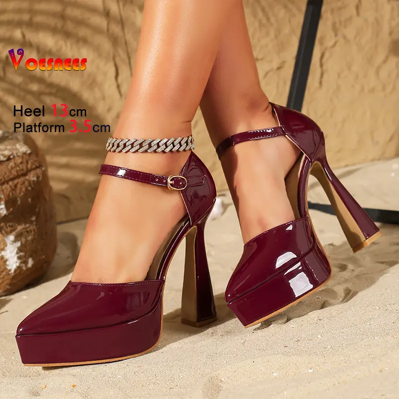 2025 Summer Thick Platform Shoes For Women Fashion Pointed Cover Heel Outdoors Buckle Strap Elegant Lady Sandals 13CM High Heels