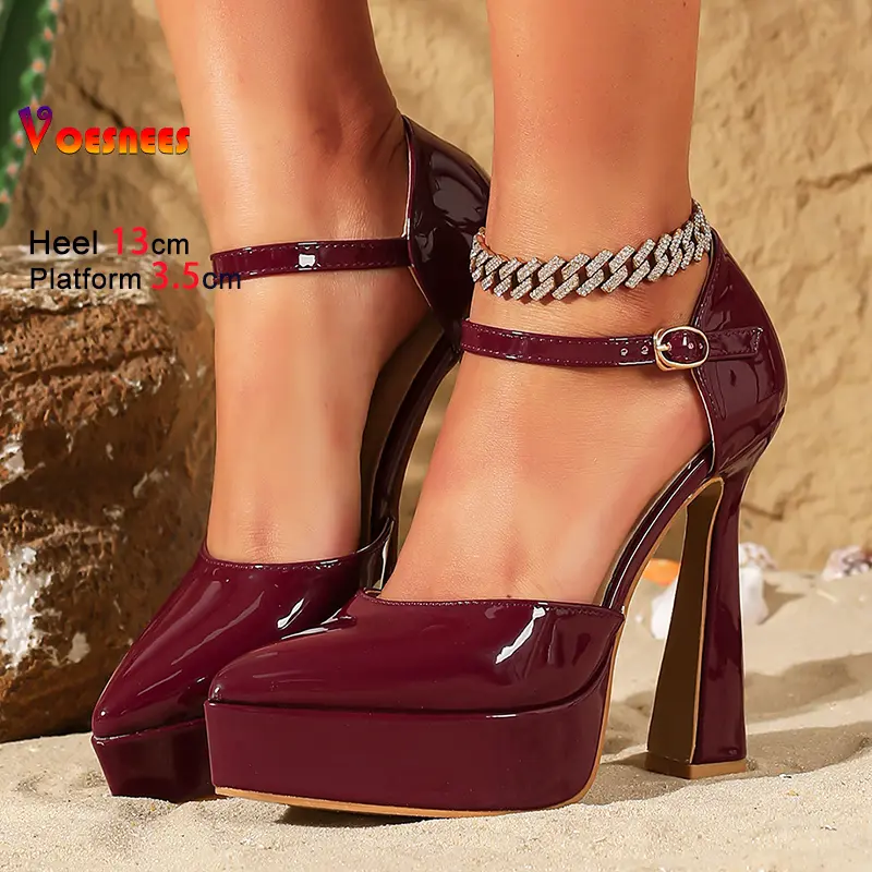 2025 Summer Thick Platform Shoes For Women Fashion Pointed Cover Heel Outdoors Buckle Strap Elegant Lady Sandals 13CM High Heels