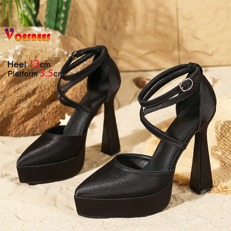 Elegant Party Banquet Shoes For Ladies 13CM Fashion Cross Strap Pointed High Heels Platform Summer Women Silk And Satin Sandals