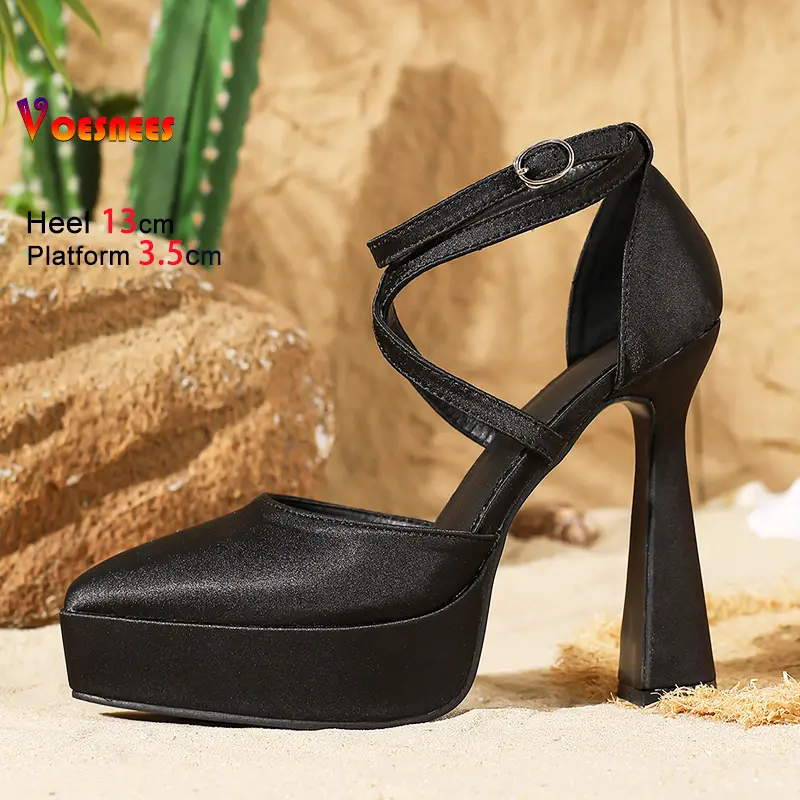 Elegant Party Banquet Shoes For Ladies 13CM Fashion Cross Strap Pointed High Heels Platform Summer Women Silk And Satin Sandals