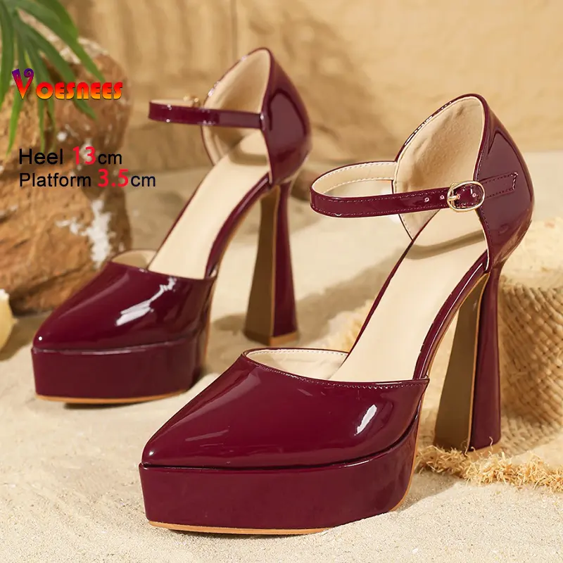 2025 Summer Thick Platform Shoes For Women Fashion Pointed Cover Heel Outdoors Buckle Strap Elegant Lady Sandals 13CM High Heels