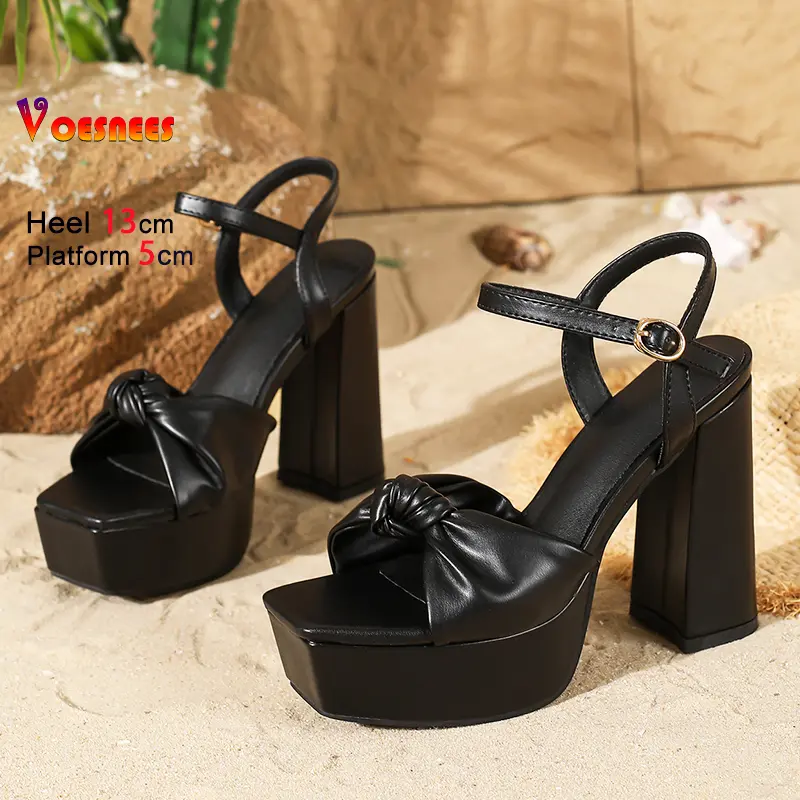 Fashion Bow Buckle Strap Sandals Women Platform Square Toe Nightclub Party Shoes 13CM Chunky Heels Summer Black Sandals Size 41