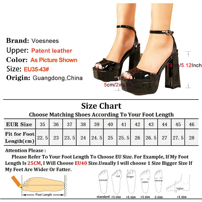 Black Patent Leather Thick Platform Sandals For Women Square Toe Block Heels 13CM Gladiator Ankle Strap Summer Shoes Size 35-43