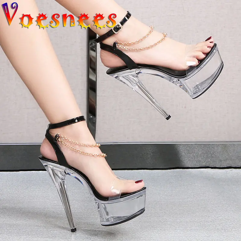 Voesnees Transparent Women Stiletto Shoes 2025 Sexy Chain Design Crystal Heel Ladies Shoes Hyaline Platform Hentian High Sandals