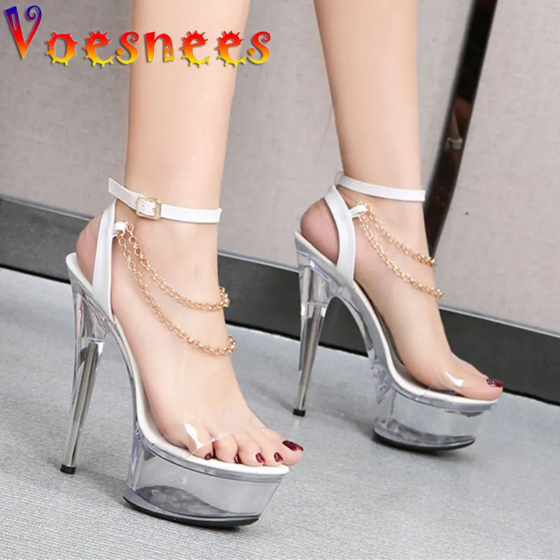Voesnees Transparent Women Stiletto Shoes 2025 Sexy Chain Design Crystal Heel Ladies Shoes Hyaline Platform Hentian High Sandals