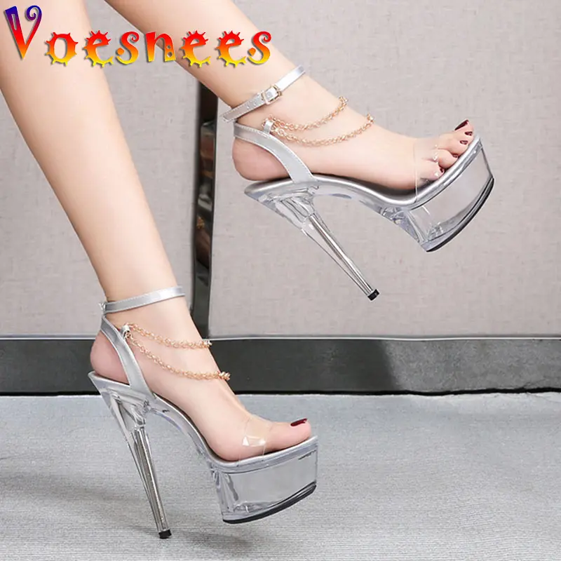 Voesnees Transparent Women Stiletto Shoes 2025 Sexy Chain Design Crystal Heel Ladies Shoes Hyaline Platform Hentian High Sandals