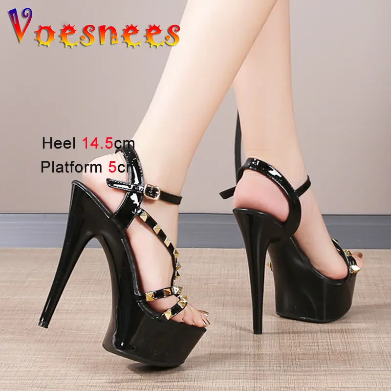 European And American Thin High Heels Rivet Women's Shoes Summer Fashion Thick Platform Sandals Sexy Narrow-band Banquet Pumps