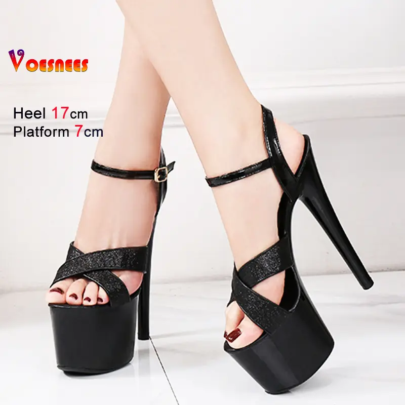 Sexy Platform Sandals for Women Super High Heel 17cm Sequins Overlapping Wedding Party Nightclub Shoes Model Catwalk Footwear