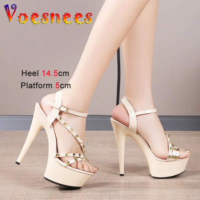 European And American Thin High Heels Rivet Women's Shoes Summer Fashion Thick Platform Sandals Sexy Narrow-band Banquet Pumps