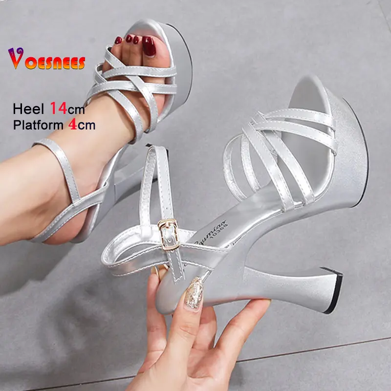 Women 14CM Super High Heels Platform Sandals Sexy Narrowband Summer Party Nightclub Shoes Silvery Plus Size Model Catwalk Shoes