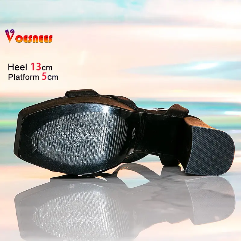 13CM High Heels New Fashion Thick Platform Sandals Women Summer Black Block Heel Square Toe Large Size Model Catwalk Show Shoes