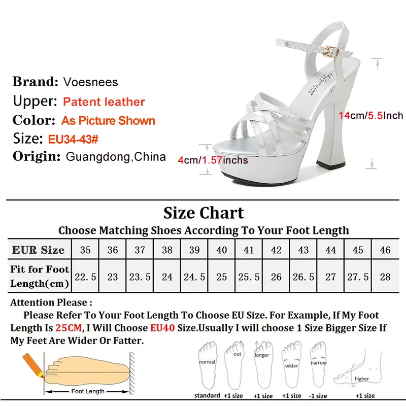 Women 14CM Super High Heels Platform Sandals Sexy Narrowband Summer Party Nightclub Shoes Silvery Plus Size Model Catwalk Shoes