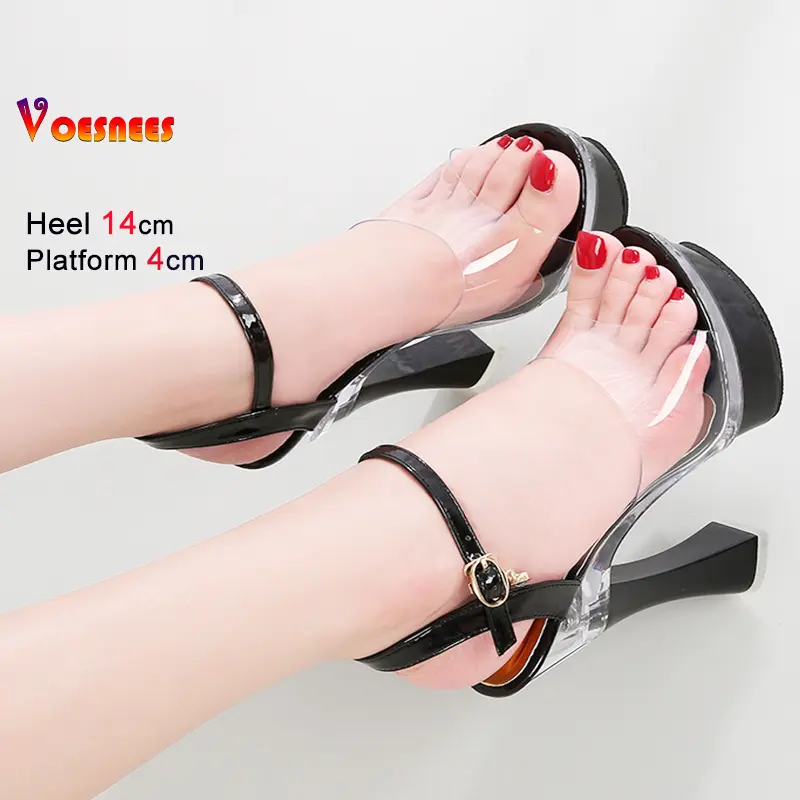 2025 New Women's Platform Sandals High Heels Ultrahigh 14CM Open Toe Transparent Ladies Catwalk Sexy Model Shoes Square Heel