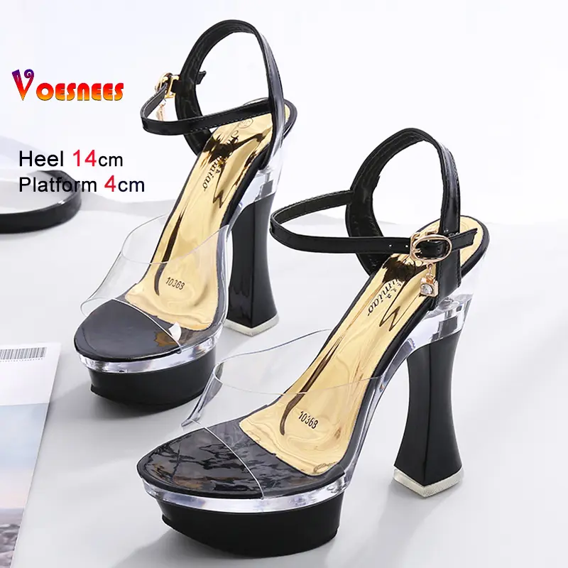 2025 New Women's Platform Sandals High Heels Ultrahigh 14CM Open Toe Transparent Ladies Catwalk Sexy Model Shoes Square Heel