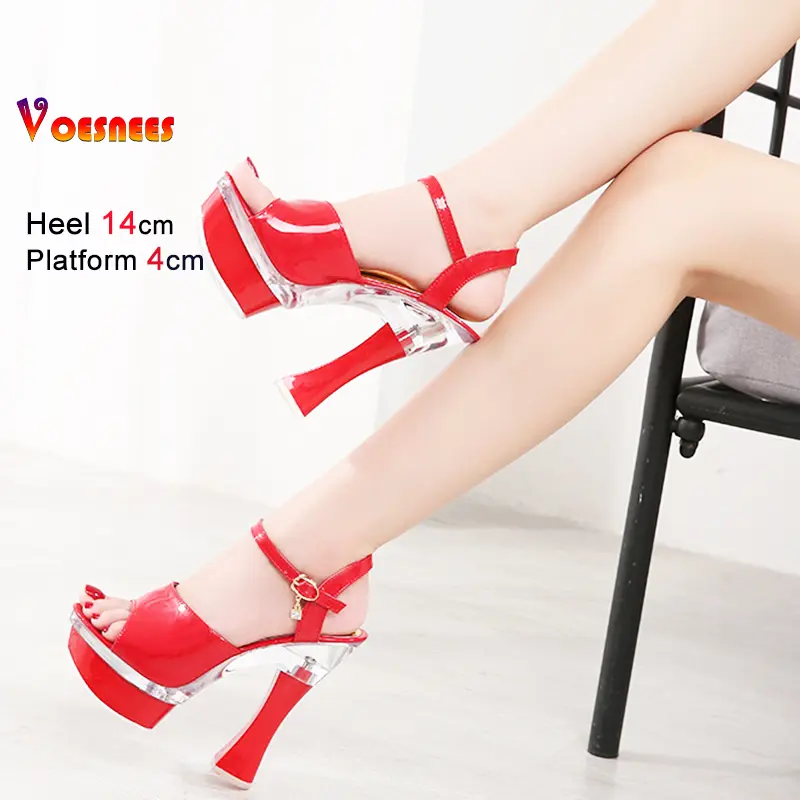 2025 New Women's Platform Sandals High Heels Ultrahigh 14CM Open Toe Transparent Ladies Catwalk Sexy Model Shoes Square Heel