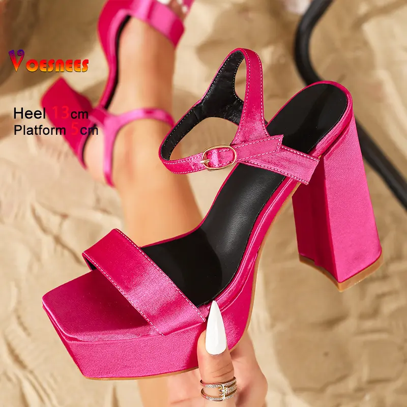 Fashion Silk Satin Buckle Strap 13CM Sandals For Women Thick Platform High Heels 2025 Summer Square Toe Large Size Shoes Female