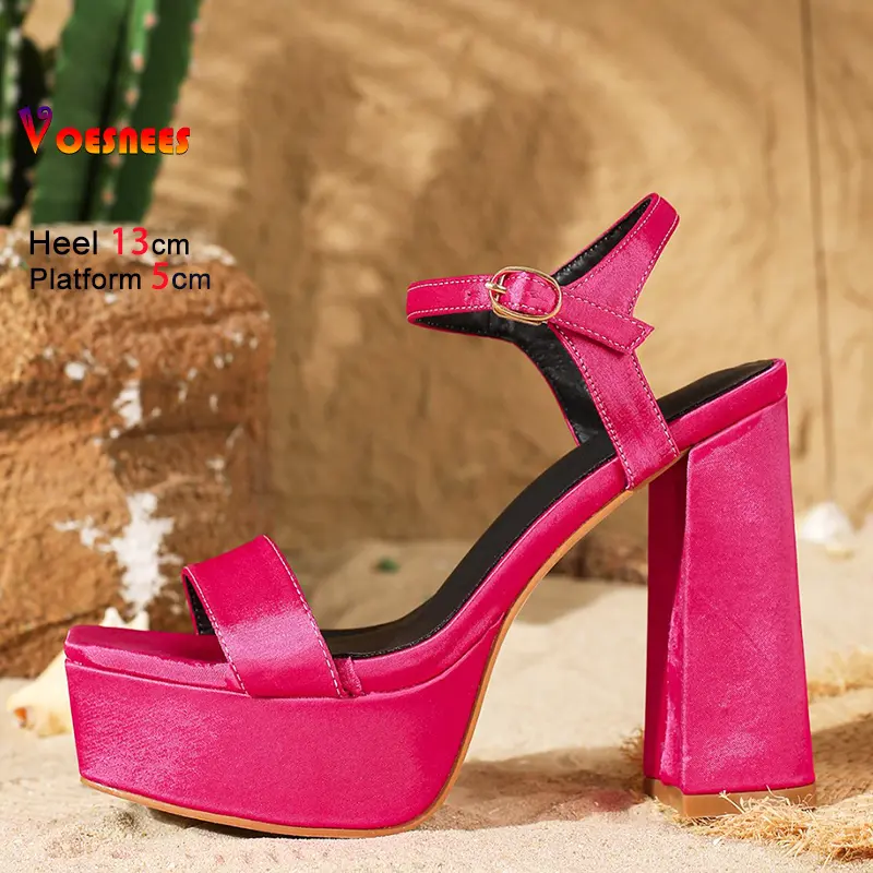 Fashion Silk Satin Buckle Strap 13CM Sandals For Women Thick Platform High Heels 2025 Summer Square Toe Large Size Shoes Female