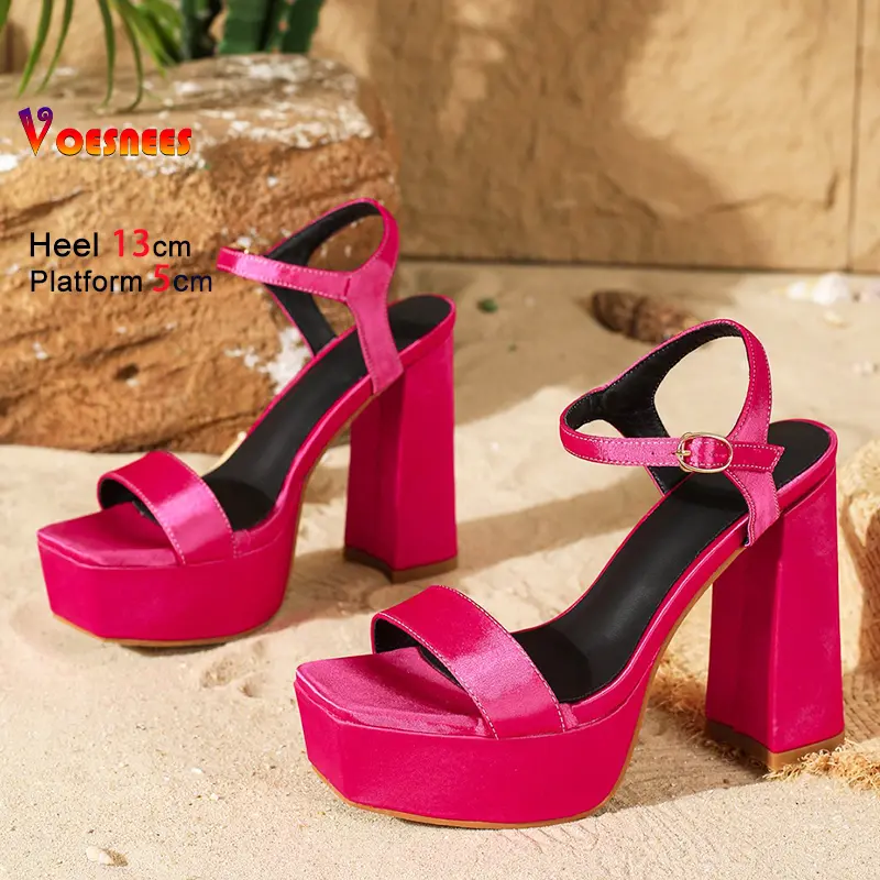 Fashion Silk Satin Buckle Strap 13CM Sandals For Women Thick Platform High Heels 2025 Summer Square Toe Large Size Shoes Female