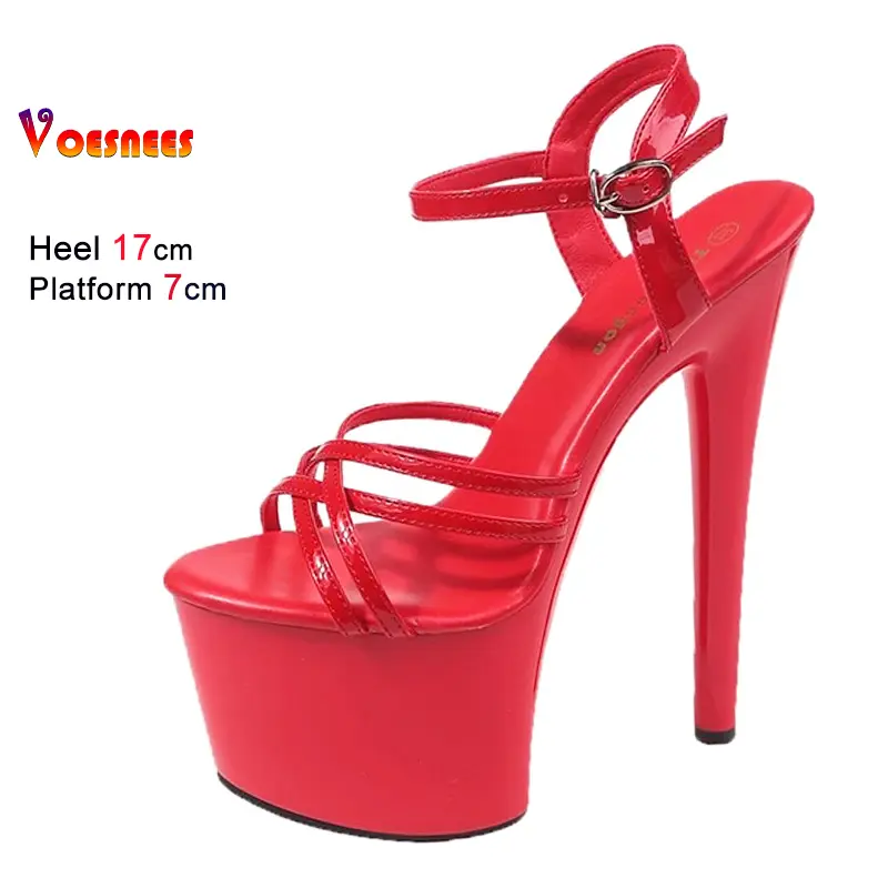 Summer Black Women Sandals Cross Thin Heel Band Sexy Open Toe 17CM High Heels Party Dress Wedding Nightclub Lady Shoes Red 43