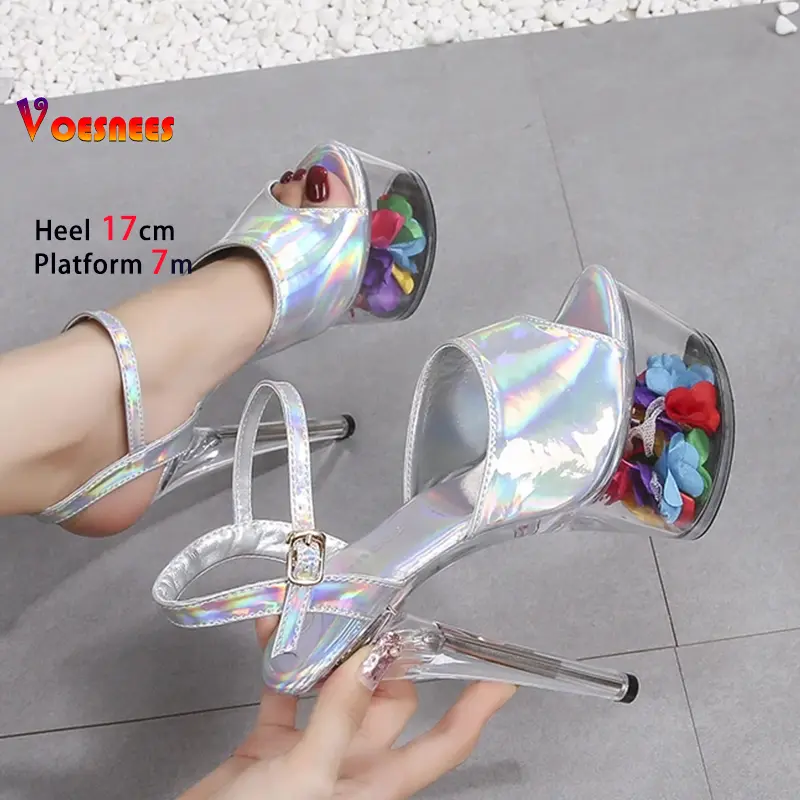 Women Sexy Show Sandals 17CM High Heels Platform Radium Color Sandals Girls Shoe for Party Club Peep Toe Clear Strip Heels