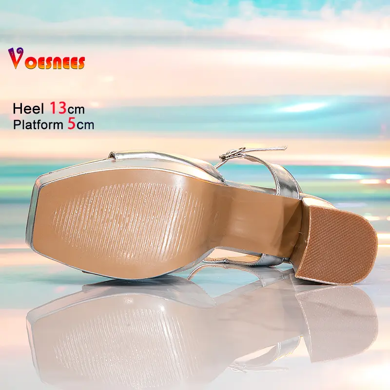 Fashion T Strap Runway Sandals Summer Silvery Party Shoes For Women 13CM Square Toe Chunky High Heels Platform Peep Toe Sandals