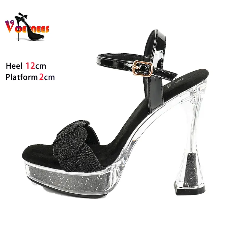 12CM Women Sandals 2025 New Trending Square Toe High Heels Summer Transparent Platform Party Ladies Shoes Large Size Model Shoes