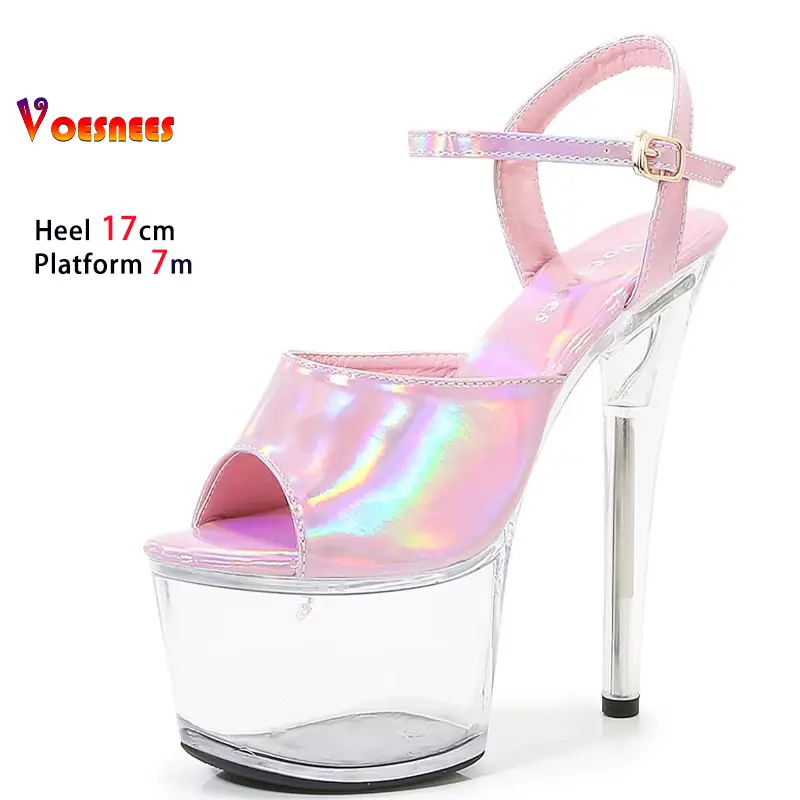 Women Sexy Show Sandals 17CM High Heels Platform Radium Color Sandals Girls Shoe for Party Club Peep Toe Clear Strip Heels
