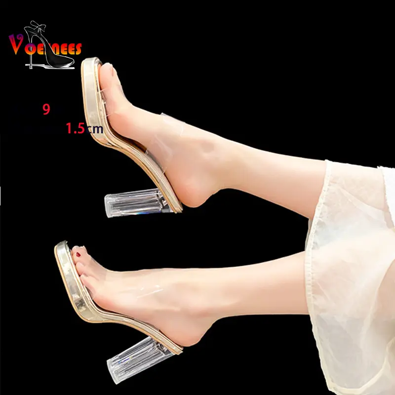 Size 34-40 Women Square Toe Transparent Slippers Crystal High-heeled Sandals Summer Slip-on Lady Shoes  PVC Clear Heels Mules