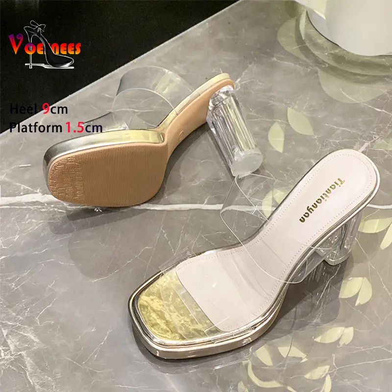 Size 34-40 Women Square Toe Transparent Slippers Crystal High-heeled Sandals Summer Slip-on Lady Shoes  PVC Clear Heels Mules