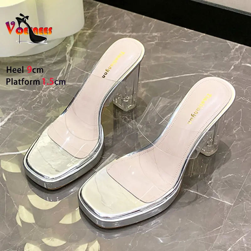 Size 34-40 Women Square Toe Transparent Slippers Crystal High-heeled Sandals Summer Slip-on Lady Shoes  PVC Clear Heels Mules