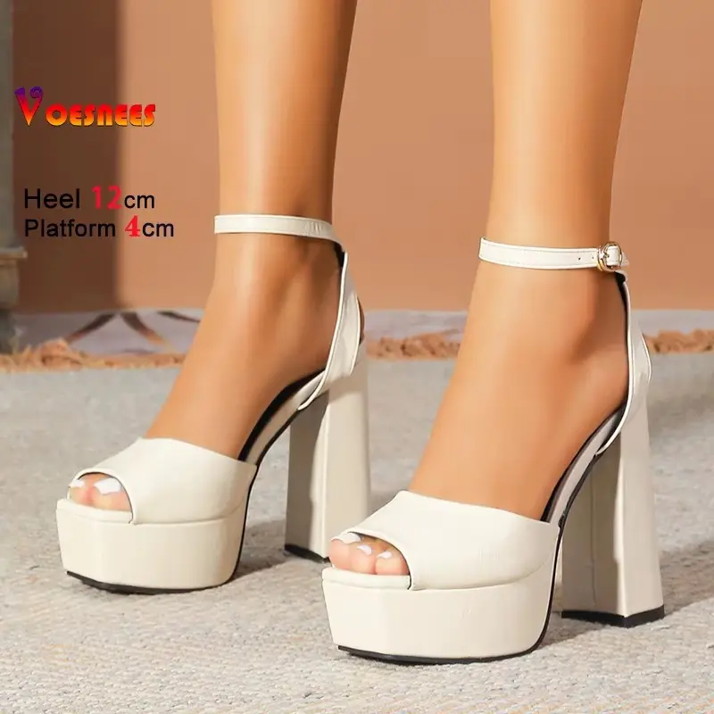 12CM Solid Color Thick Soled Sandals Women 2025 Summer Square Toe Block High Heels Nightclub Gladiator Large Size Beige Shoes