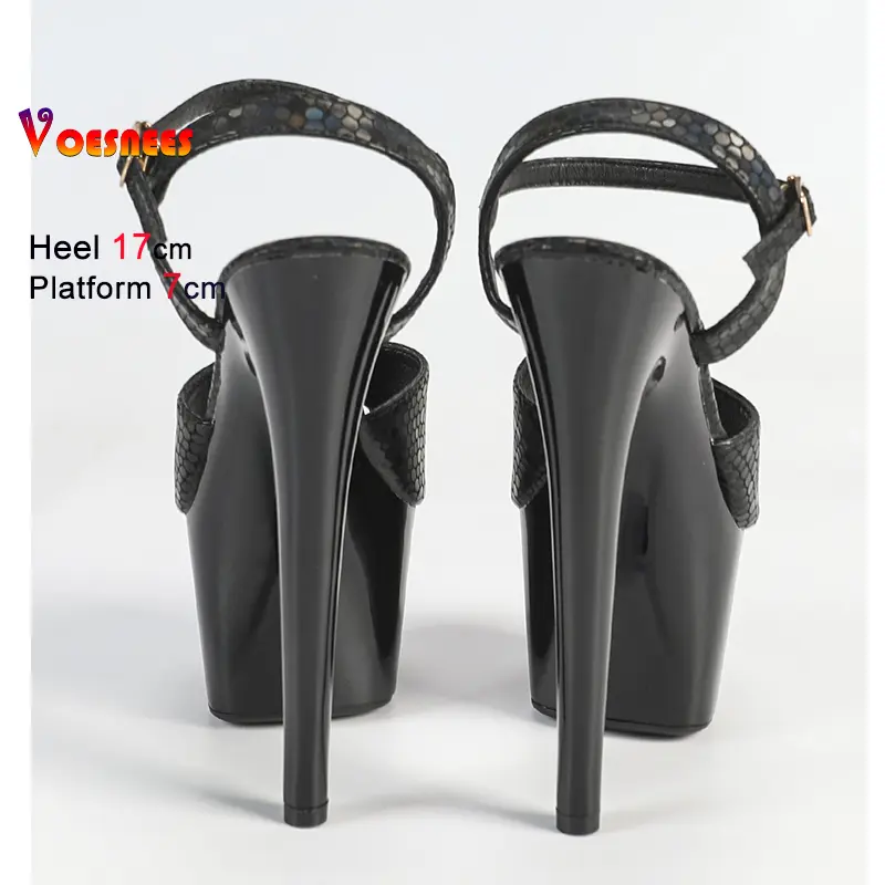 Black Patent Leather Sexy Peep Toe High Heels 17cm Platform Sandals for Women Party Stripper Pole Dance Runway Shiny Shoes