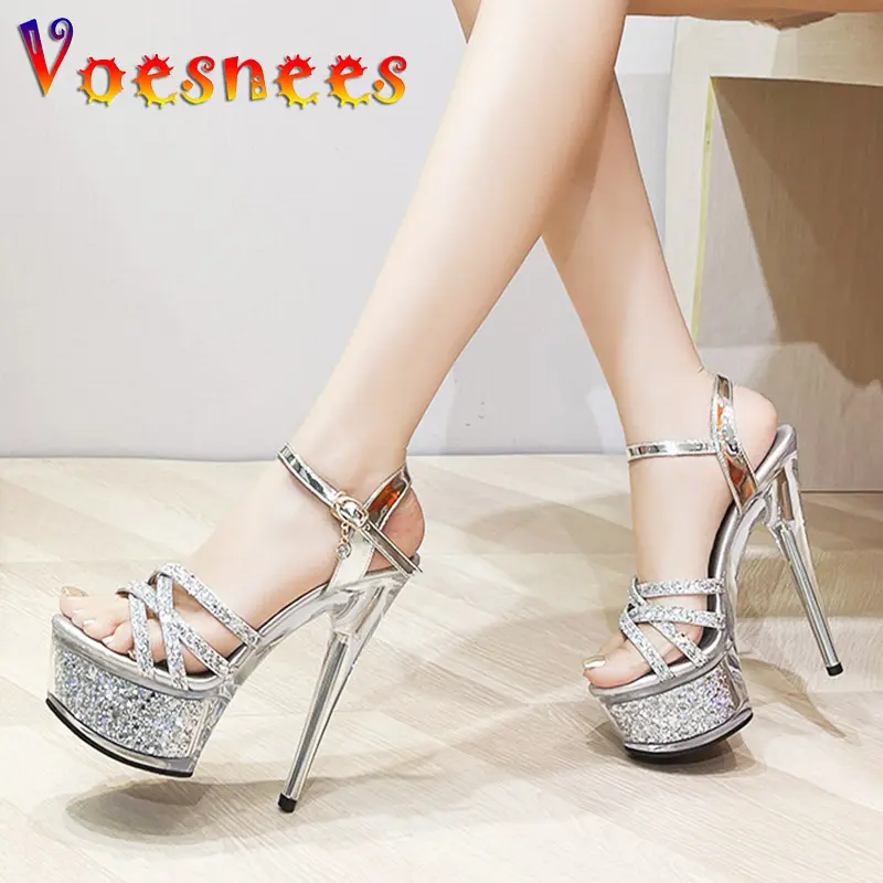 New Thin Band Hollow Out Women Shoes Summer Golden Crystal High Heels 14.5CM Shiny Sequined Wedding Sandals Model Catwalk Show