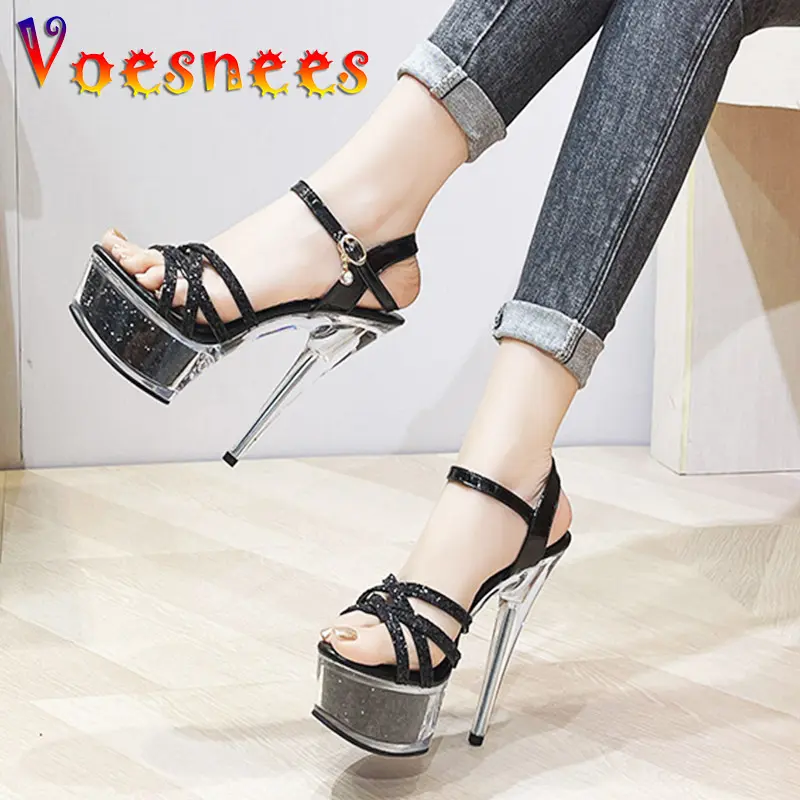 New Thin Band Hollow Out Women Shoes Summer Golden Crystal High Heels 14.5CM Shiny Sequined Wedding Sandals Model Catwalk Show